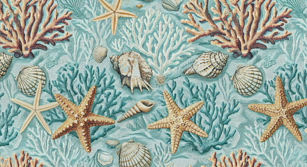 Vivid starfish and seashell pattern, featuring coral and marine life, creating a coastal and ocean-inspired aesthetic for various applications.