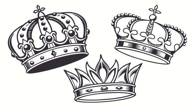 Illustration of three intricately designed crowns with black outlines and white fill on a white background