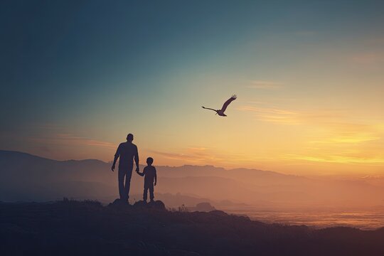 Hand in hand, father and son stand on the top of a mountain at sunrise. The silhouette of a happy family holding hands with a child against a blue sky background. The grandfather is showing the young