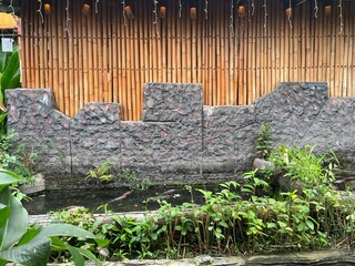 Cozy Backyard Oasis: Textured Walls and Greenery for Relaxation and Decor.

