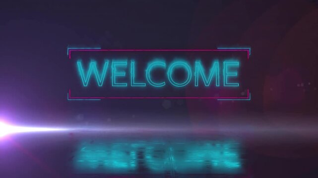 Bright lens flare sweeping left starting neon cyan fragments forming WELCOME inside magenta frame