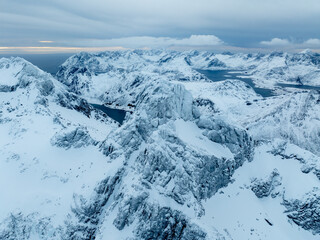 Astonishing Aerial Perspective of SnowCovered Mountains Beneath a Gloomy Overcast Sky