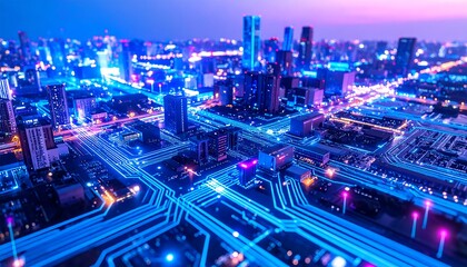 Aerial view of a modern city at night, with illuminated roadways and buildings resembling circuit board pathways
