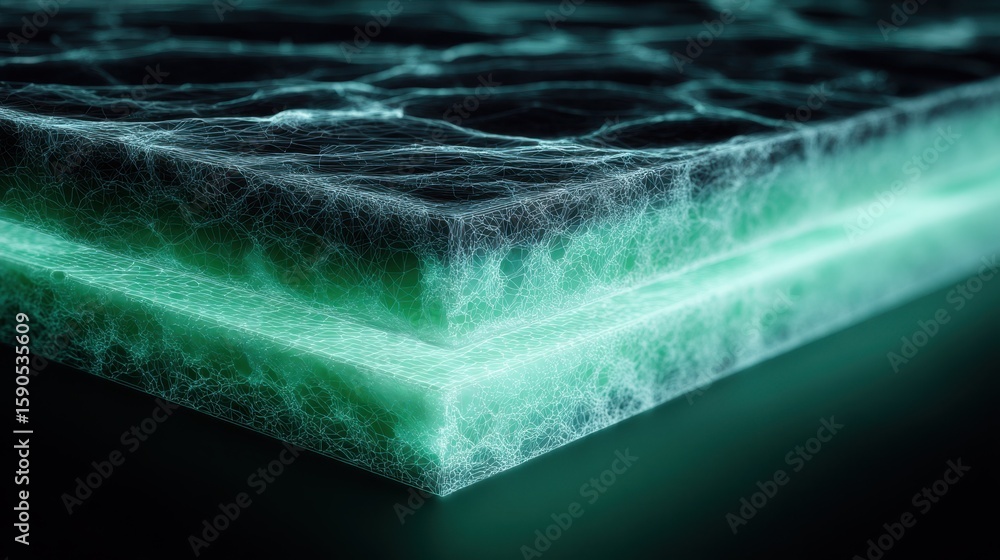 Poster close up view of the layered structure of a buoyant board, highlighting the foam composition and smo