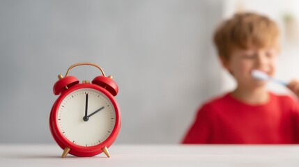 Students Returning to School and Embracing Daily Routines, A child brushes his teeth while a red alarm clock ticks in the foreground.