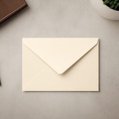 A cream-colored envelope placed on a textured beige surface with a plant and a small wooden box partially visible nearby.