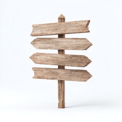 A rustic wooden signpost with four blank directional arrows on a white background.