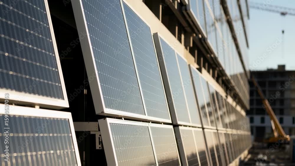 Poster rows of solar panels are being installed on a modern building facade, showcasing sustainable archite