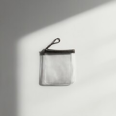Transparent small pouch with black zipper and wrist strap, casting a shadow on a light surface.