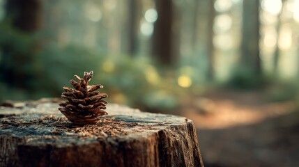 Pine cone on tree stump forest scene