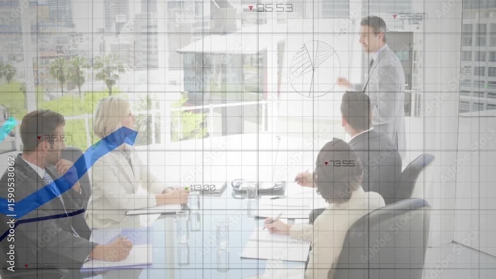 Poster mid adult man sketching pie chart in business meeting initiating animated graphs updating metrics