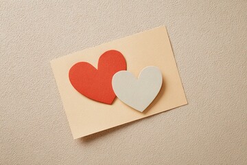 Fototapeta premium Happy Parents' Day! The card is written with two paper hearts on a beige background, leaving space for a copy, viewed from above. 