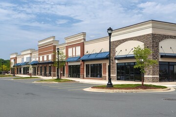 Newly constructed shopping center with empty storefronts, a light brown and blue color scheme, large grassy areas in the middle of each street corner, black windows on the ground level, professional 