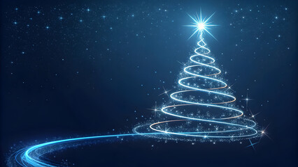 Abstract glowing blue light trail Christmas tree with starburst on dark starry background