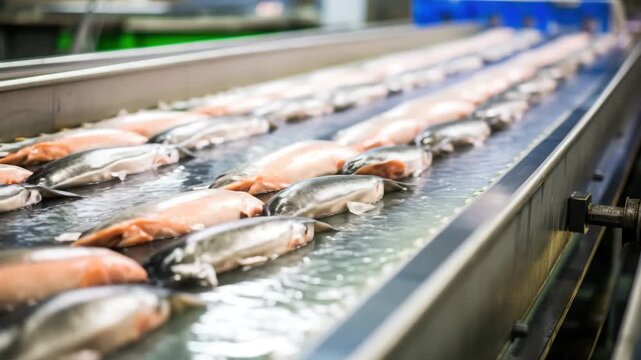 Fish processing line in a seafood facility during daylight with salmon being prepared for distribution