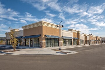 Newly constructed shopping center with empty storefronts, a light brown and blue color scheme, large grassy areas in the middle of each street corner, black windows on the ground level, professional 