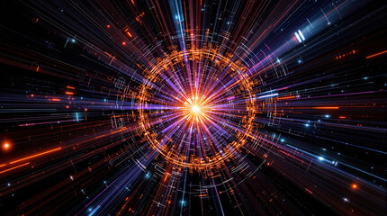 A vibrant, abstract digital artwork depicting a radiant, circular energy field emanating streaks of light in a dark, space-like setting, suggesting speed and technological advancement