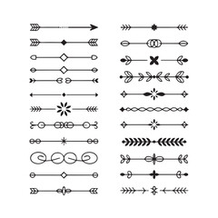 A collection of handdrawn decorative dividers and borders, featuring arrows, floral elements, geometric shapes, and abstract swirls, all isolated on a white background