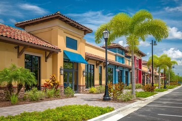 Newly constructed shopping center with various storefronts, one of which is an exterior view of the store building. The color scheme includes tan walls and blue accents on windows, doors, and roof til