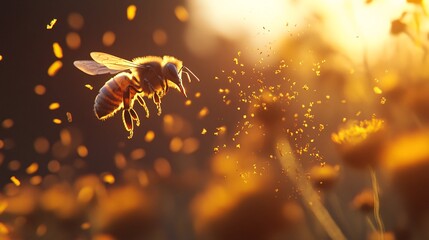 Fototapeta premium Busy Honeybee Gathering Pollen from Bright Sunflower on a Sunny Day