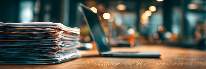 There is a stack of papers sitting on a desk next to a laptop, banner, copy space