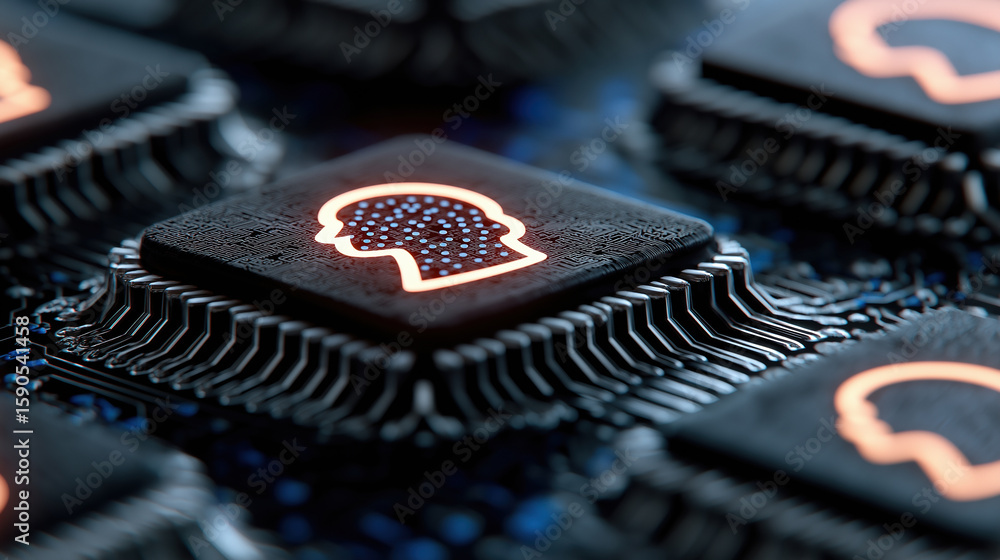 Poster circuit board design featuring neural network chip with glowing brain icon