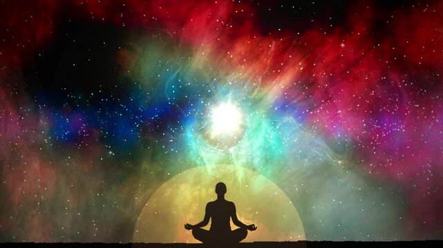 Silhouette of a Yogi in Meditation Against a Cosmic Background