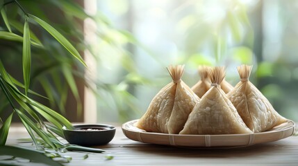 Zongzi are arranged on a plate, accompanied by a soy sauce dish