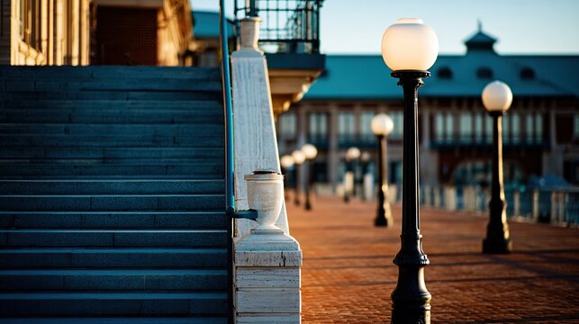 Stone stairs and lampposts lead to a building in the warm sunlight - Powered by Adobe