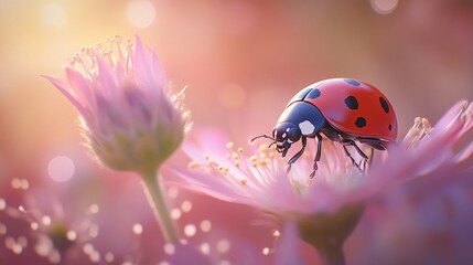 Obraz premium Tranquil Ladybug Exploring Near Delicate Flower Bud in Garden