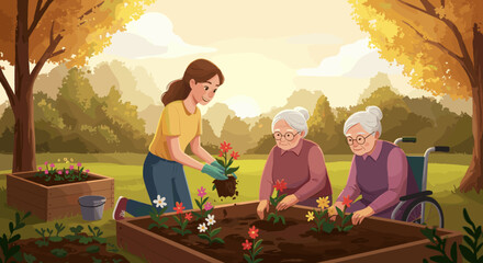 The serene outdoor environment promotes bonding, care, and community support, especially for the elderly.
