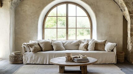 Obraz premium Rustic Farmhouse Living Room With Cozy Sofa And Window View