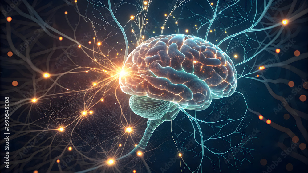 Poster glowing human brain with interconnected neural network and bright energy pulses science