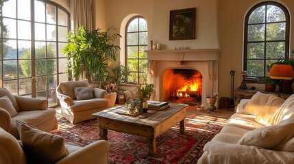 Cozy Living Room With Fireplace And Large Windows, Home Interior Design