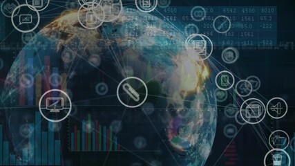 Earth emerging from left starting rotating globe revealing icons linking planet visualizing data - Powered by Adobe