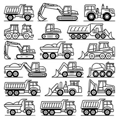 Collection of stylized black and white line art illustrations of various construction vehicles and heavy machinery for work