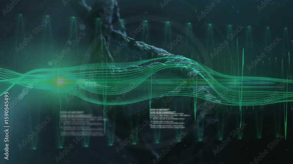 Poster bright flare emerging from left lighting waveform below rotating 3d helix, showing code streams