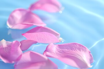 Pink Rose Petals Floating in Blue Water - Serene Floral Still Life