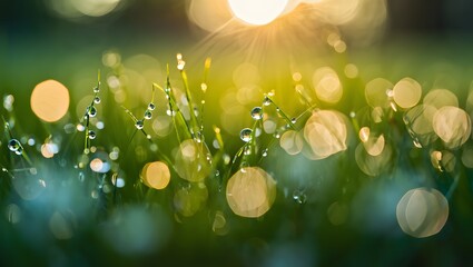 Dew Drops on Blades of Grass, Bokeh Background, Sunlight