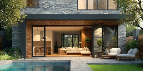 A modern house with an open glass door leading to the garden. There is a terrace and swimming pool outside of it, with a cozy outdoor seating area nearby. The lighting is cozy, and the rendering 