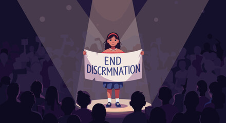 A young girl stands on a stage holding a banner reading "DISCRIMINATION," surrounded by an audience in a spotlight. This scene highlights activism and raising awareness about social justice issues.