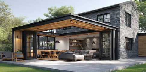 A modern house with an open glass door leading to the garden. There is a terrace and swimming pool outside of it, with a cozy outdoor seating area nearby. The lighting is cozy, and the rendering 