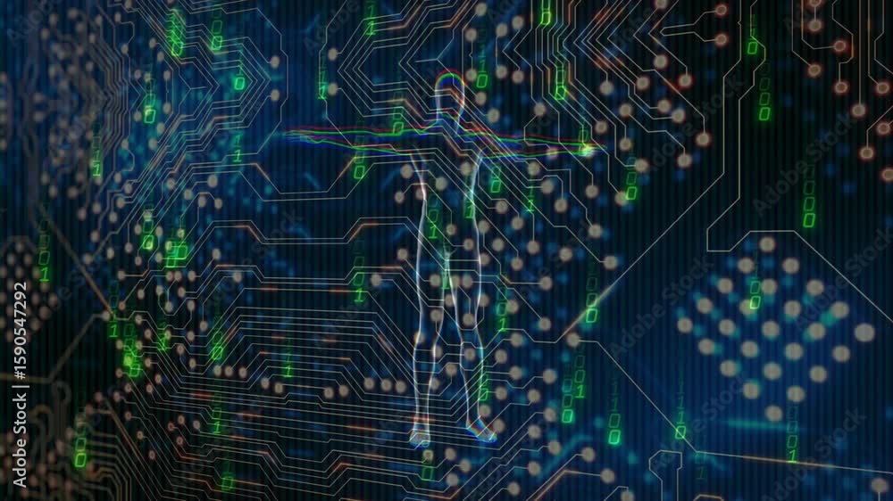 Poster materializing neon humanoid outline rotating to t-pose while scanning binary circuit and dissolving