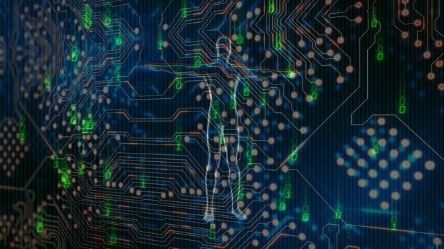 Materializing neon humanoid outline rotating to T-pose while scanning binary circuit and dissolving