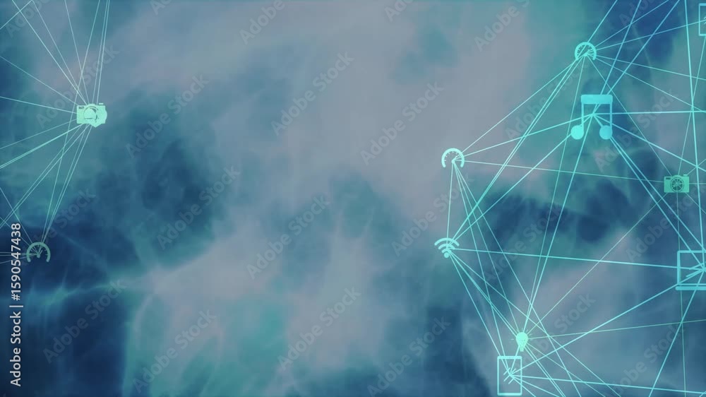 Poster opening on bluish cloud, neon-green nodes flickering and connecting into network graph mapping flow