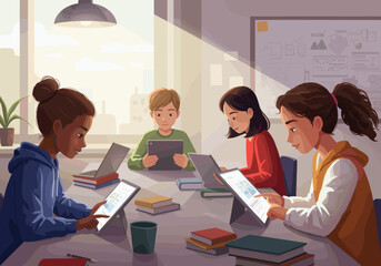 A classroom scene where a girl raises her hand to answer a question, demonstrating active participation in the class. The other students are focused, reflecting a learning environment.