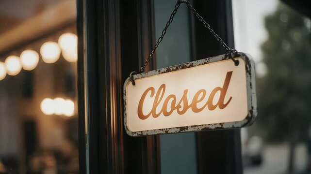 Closed sign hanging in a store window with lights in the background