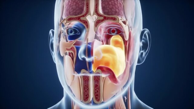 Medical animation of acute sinusitis showing inflamed and blocked sinus cavities. Anatomy, infection, pain concept.