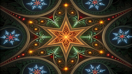 Obraz premium Intricate fractal star pattern with glowing snowflakes and swirling green and red ornamental details