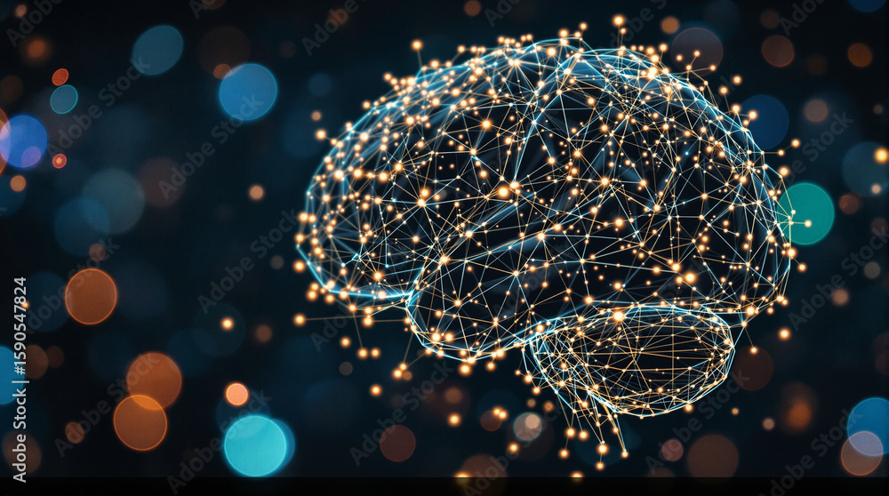 Fototapete a stylized, glowing plexus brain model is depicted against a bokeh background of out-of-focus lights